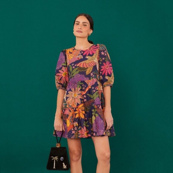 Dresses & Skirts - FARM RIO Navy Blue Cool Macaw Tiered Organic Cotton Mini Dress XL